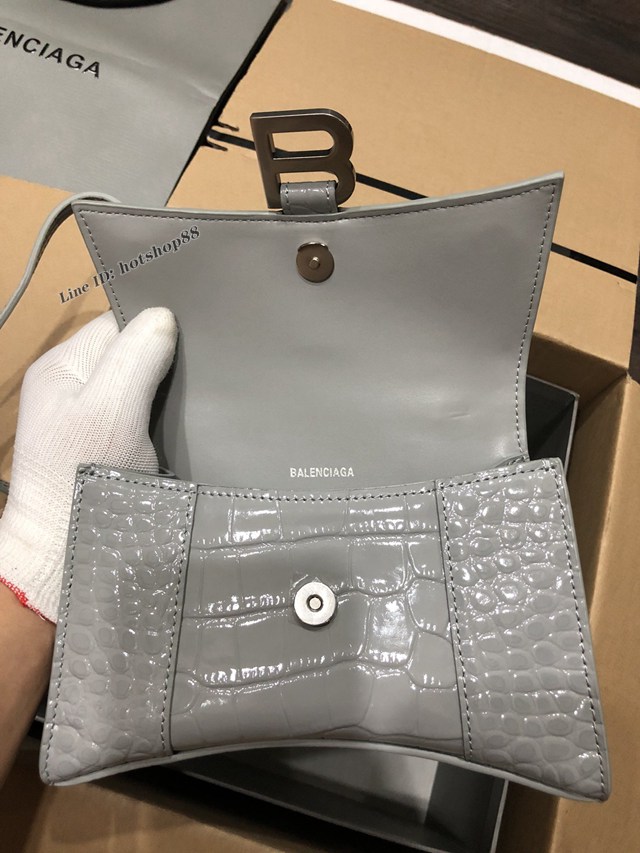 Balenciaga專櫃爆款小號手提女包 巴黎世家鱷魚灰色銀扣Hourglass沙漏包 fyj1639